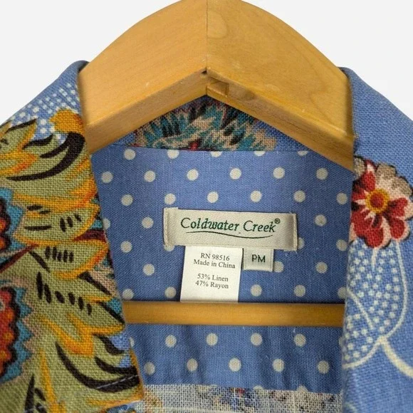 Coldwater Creek Blue Floral Linen Rayon Jacket Polka Dot Lined Size PM - Picture 6 of 7